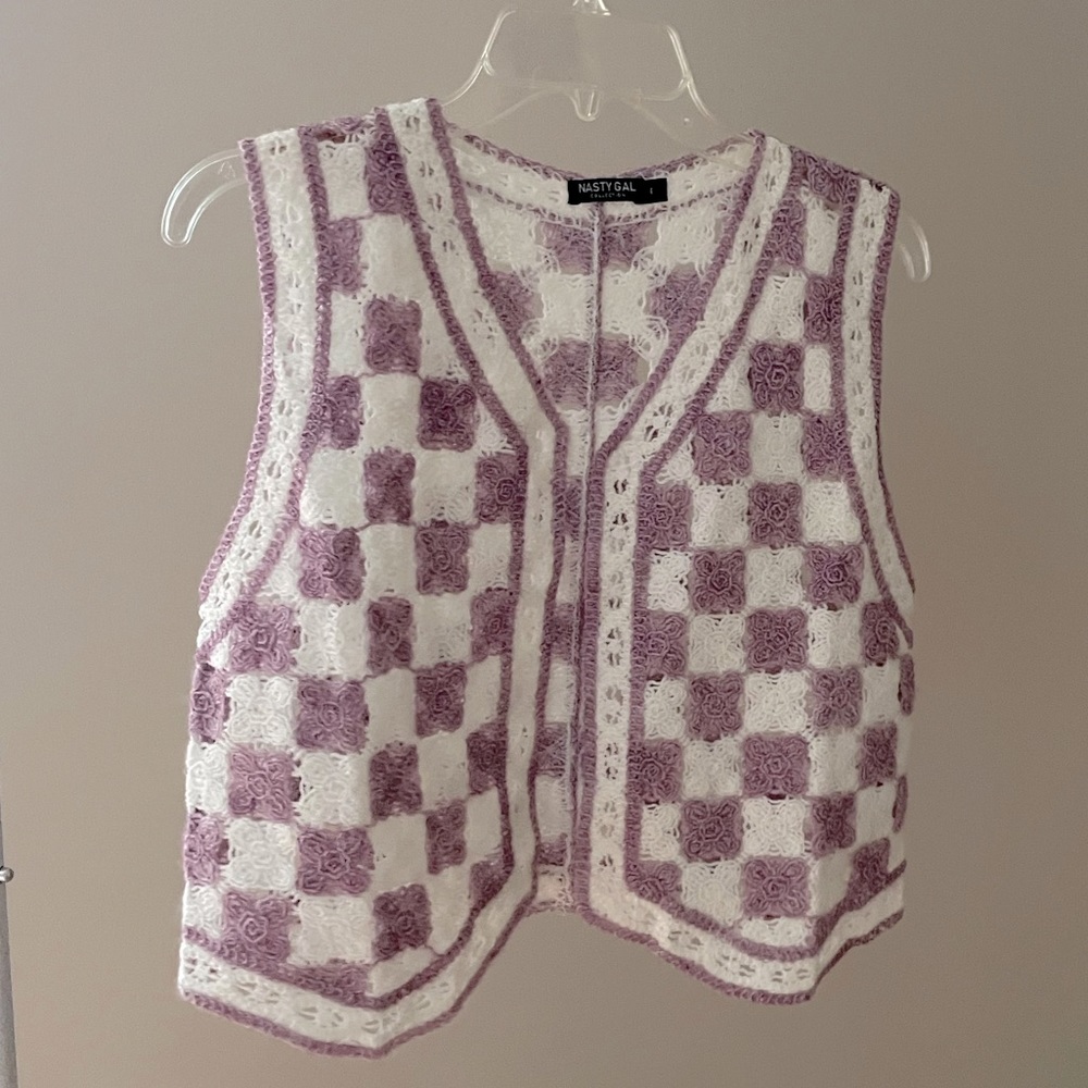 NWOT Nasty Gal Crochet Sweater Vest, Purple Grid Pattern, Size Large